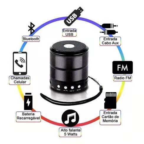 Caixa de Som 887 Mini Caixinha bluetooth Portátil USB SD FM Bateria Recarregavel Amplificada