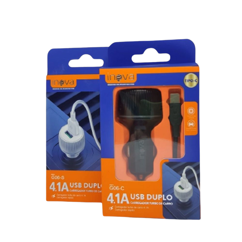 Carregador Veicular 2 USB 4.1A Com Cabo Iphone Inova